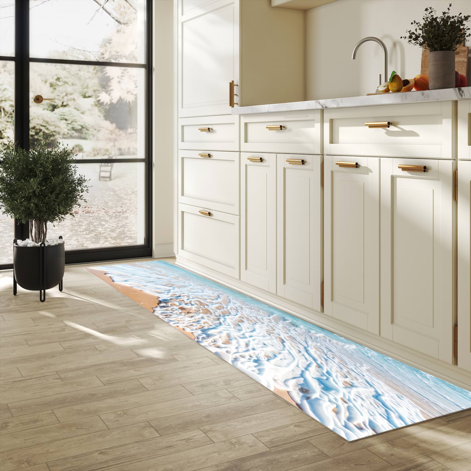 Zeitsparender waschbarer Küchenteppich mit Motiv Tropischer Strand in heller Küche