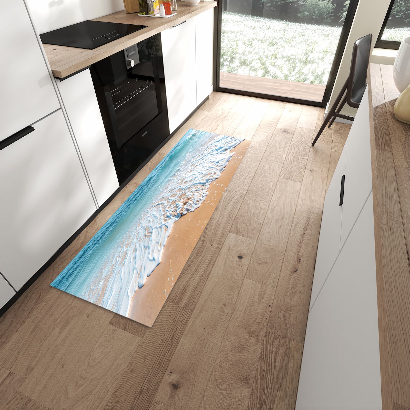 Geruchsneutraler Küchenteppich mit Motiv Tropischer Strand in moderner Küche