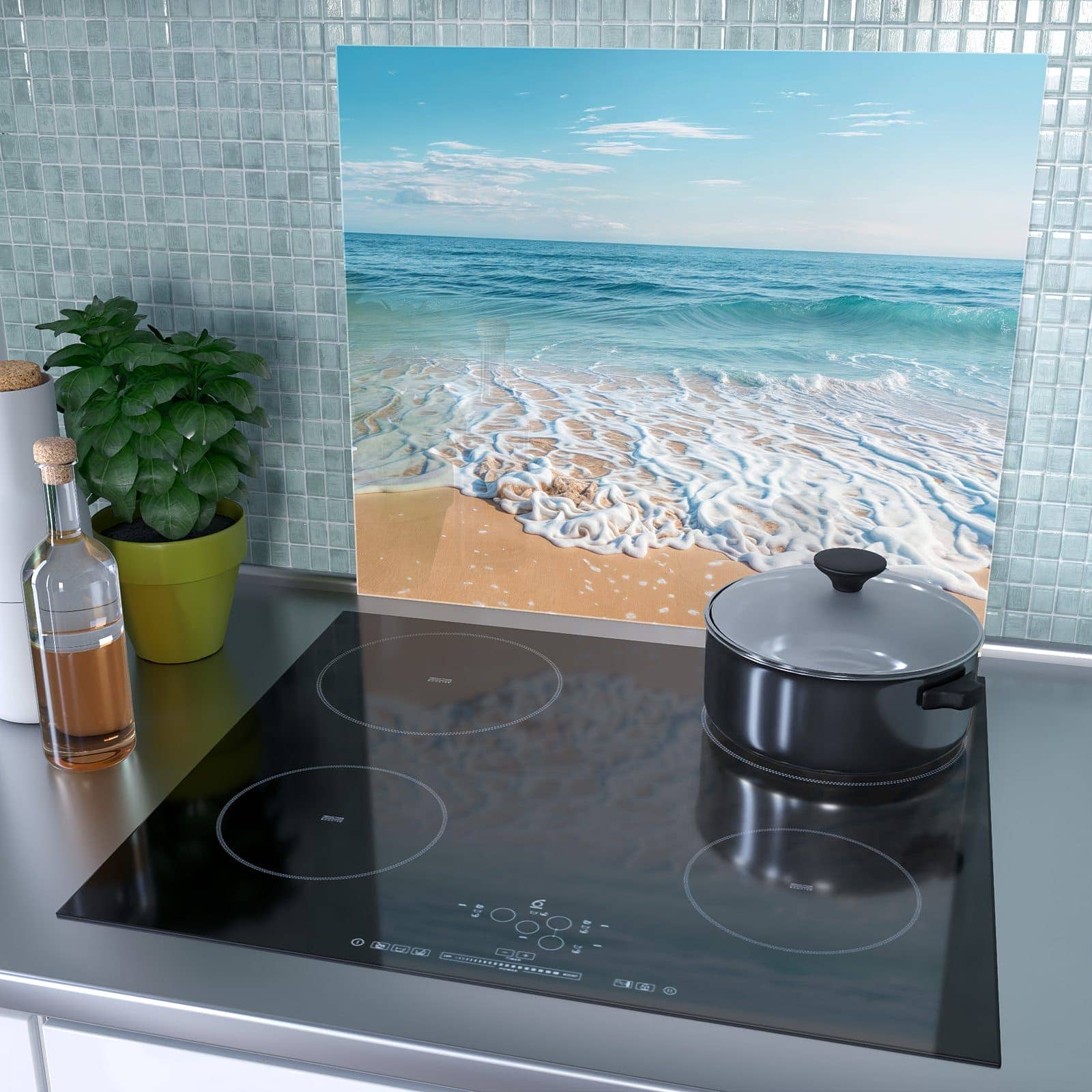 1-teilige Abdeckplatte Ceranfeld mit Tropischer Strand-Motiv als Spritzschutz hinter dem Kochfeld