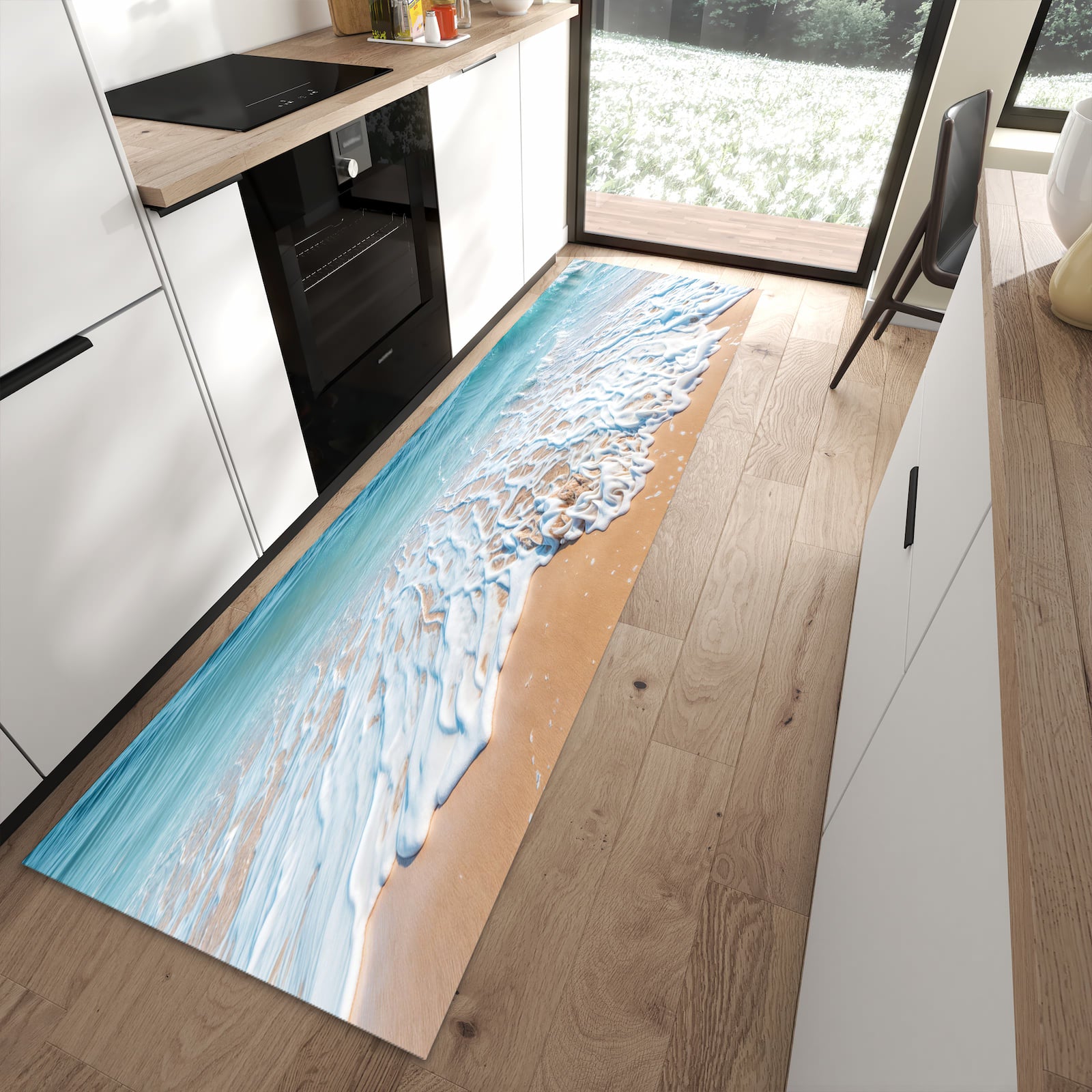 Küchenteppich mit Motiv Tropischer Strand für angenehme Haptik in moderner Küche
