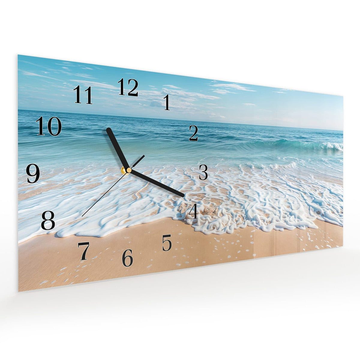 Vormontiert – mit Schwebeeffekt – Wanduhr Tropischer Strand aus Glas – Querformat 60 × 30 cm