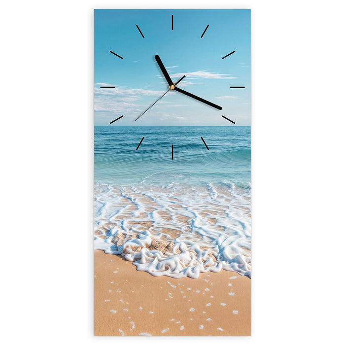Wanduhr Tropischer Strand aus Glas – Hochformat 30 × 60 cm mit Ziffernblatt Linie