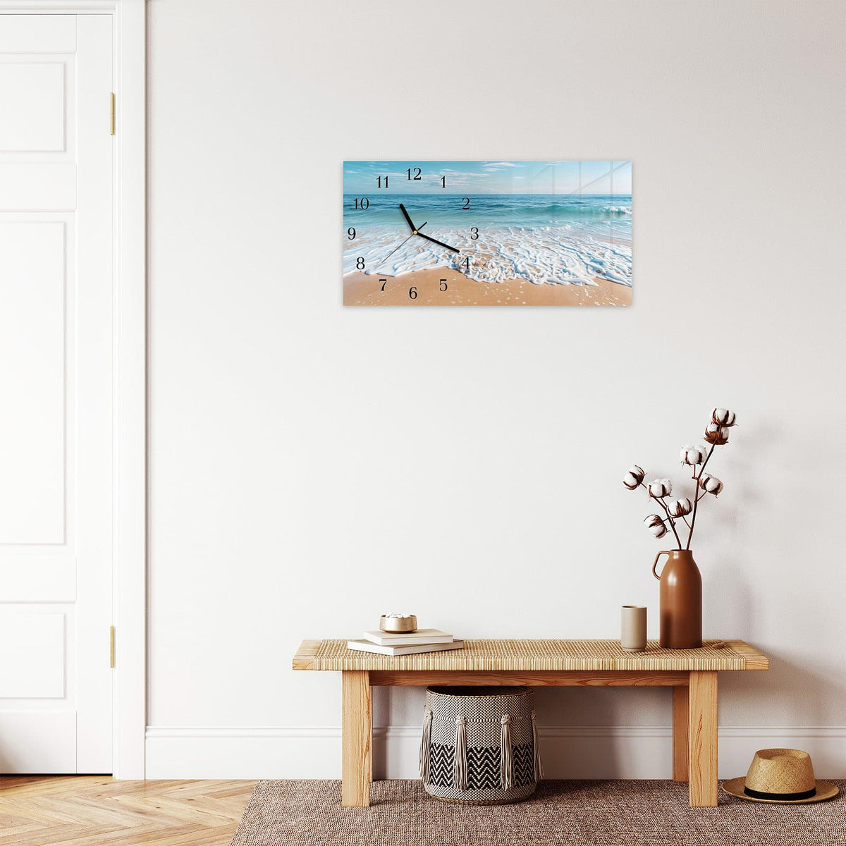 Moderne Wanduhr aus Glas mit Farbtiefe – Wanduhr Tropischer Strand aus Glas – Querformat 60 × 30 cm