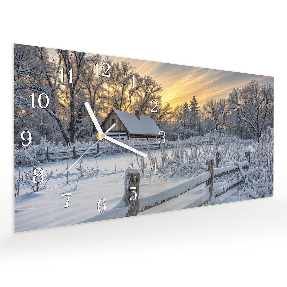 Vormontiert – mit Schwebeeffekt – Wanduhr Verschneites Landhaus aus Glas – Querformat 60 × 30 cm