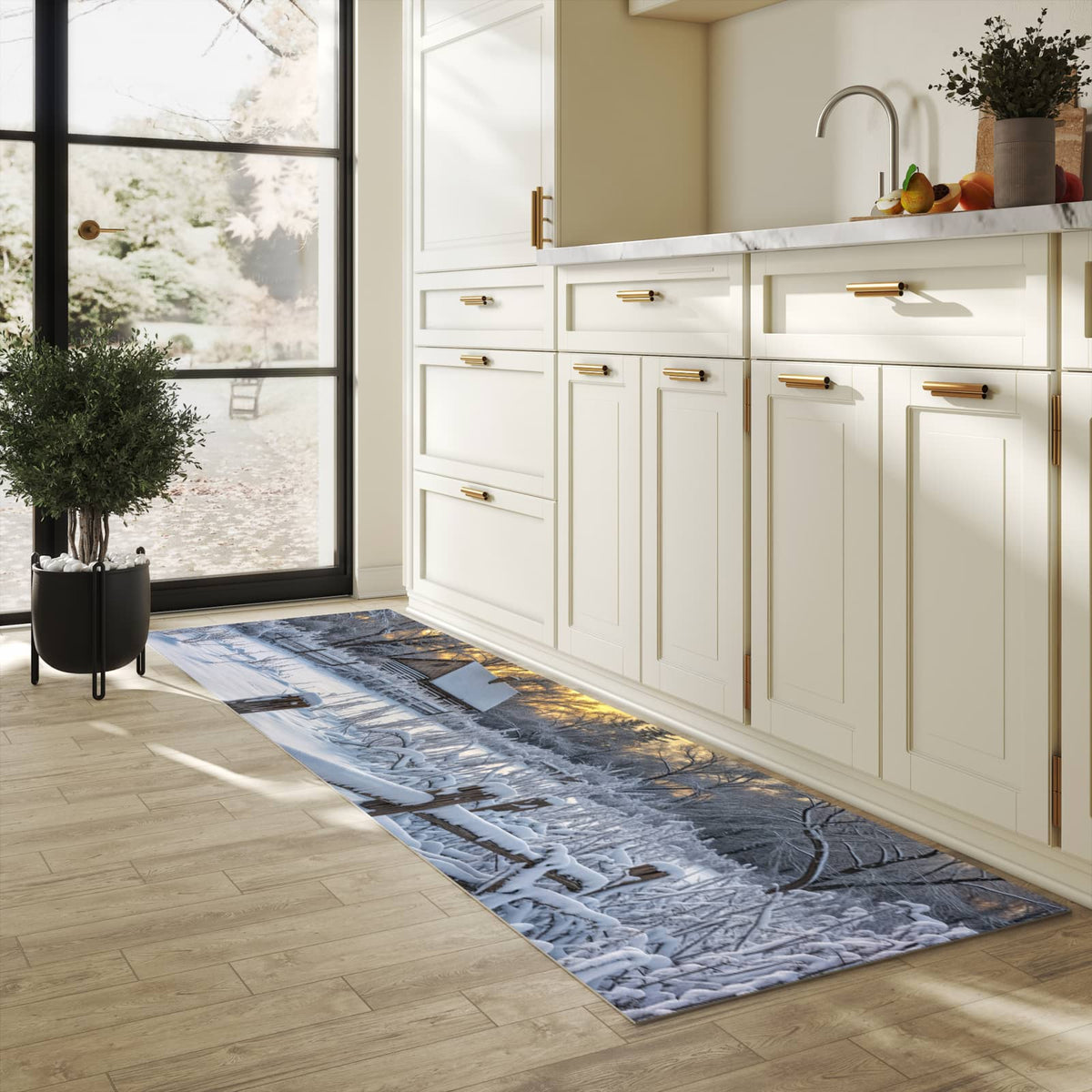 Langlebiger Küchenteppich mit Motiv Verschneites Landhaus in heller Küche