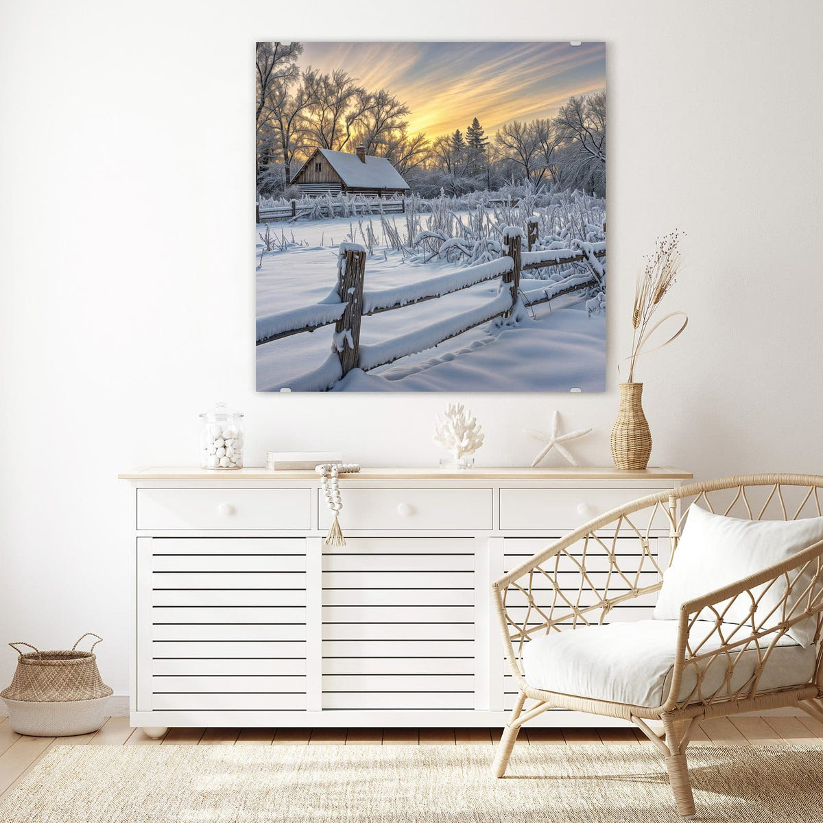 Echtglas, 4 mm – kein Acryl, keine Folie – Wandbild - Verschneites Landhaus - Quadratisch