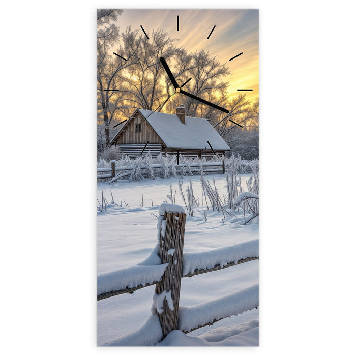 Wanduhr Verschneites Landhaus aus Glas – Hochformat 30 × 60 cm mit Ziffernblatt Linie