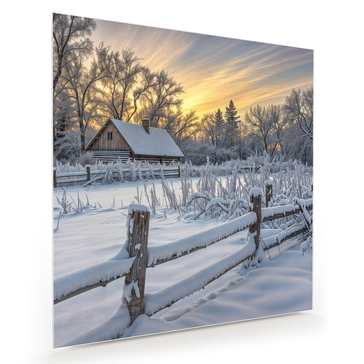 Verschneites Holzhaus hinter einem schneebedeckten Holzzaun im goldenen Abendlicht