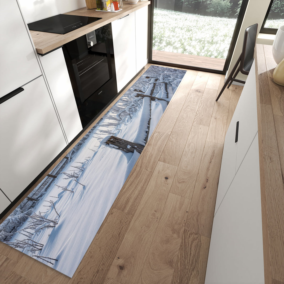 Formstabiler rutschfester Küchenläufer mit Motiv Verschneites Landhaus in moderner Küche