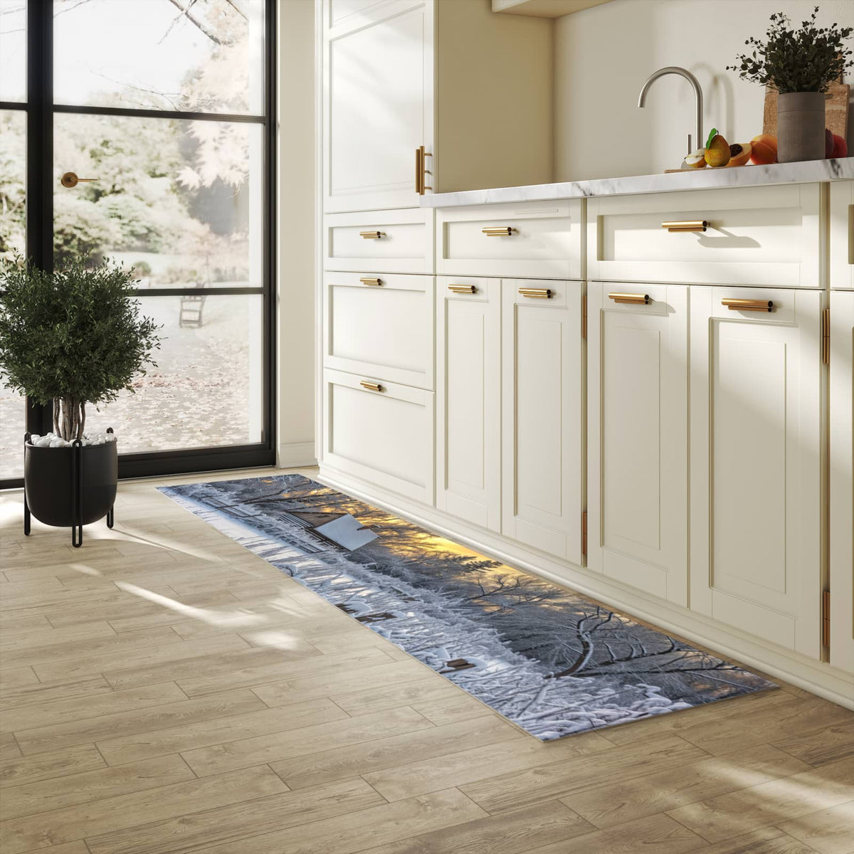 Waschbarer Teppich fürs Esszimmer mit Motiv Verschneites Landhaus in heller Küche