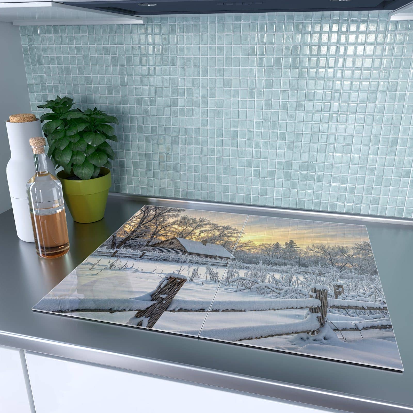 2-teilige Herdabdeckplatten aus Glas mit Verschneites Landhaus-Motiv auf dem Ceranfeld
