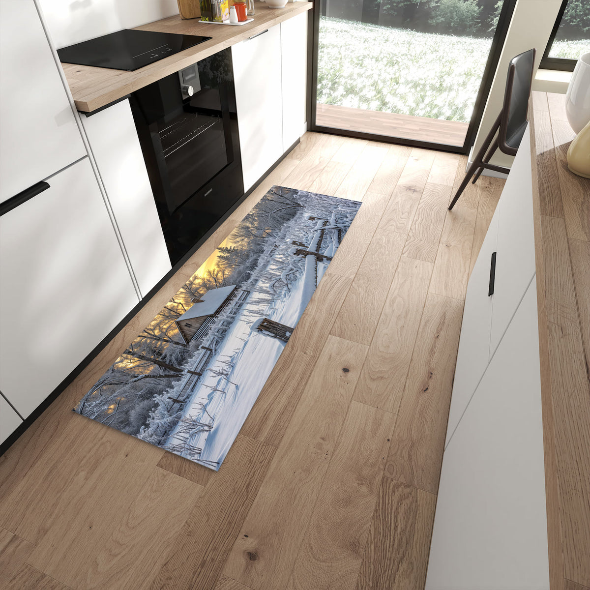 Rutschfester Küchenläufer mit Motiv Verschneites Landhaus für Ordnung in moderner Küche