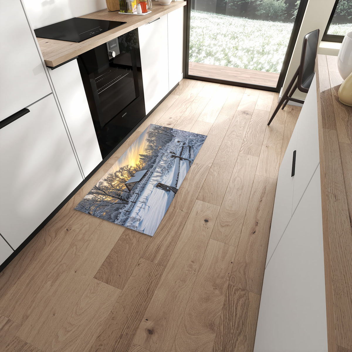 Feuchtigkeitsresistenter Küchenläufer mit Motiv Verschneites Landhaus in moderner Küche #grösse_60 x 120 cm