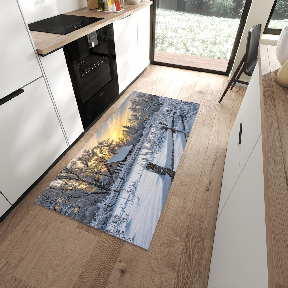 Komfortabler Küchenteppich mit Motiv Verschneites Landhaus in moderner Küche - abwaschbar