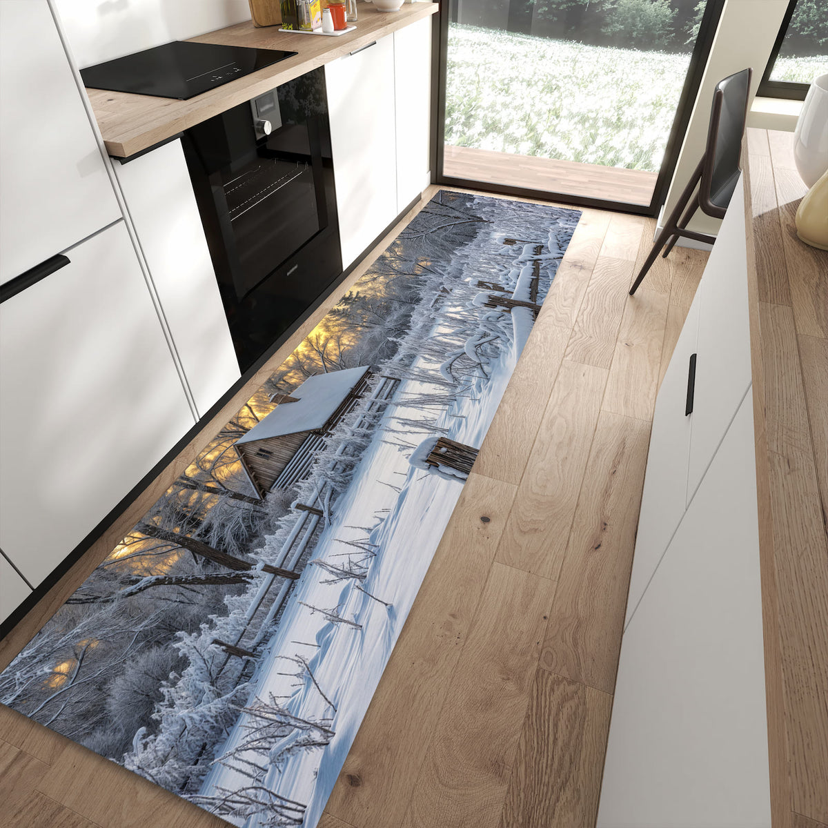 UV-beständiger abwaschbarer Küchenläufer mit Motiv Verschneites Landhaus in moderner Küche