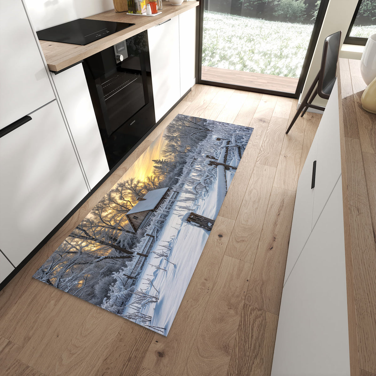 Zeitsparender Küchenläufer nach Maß mit Motiv Verschneites Landhaus in moderner Küche