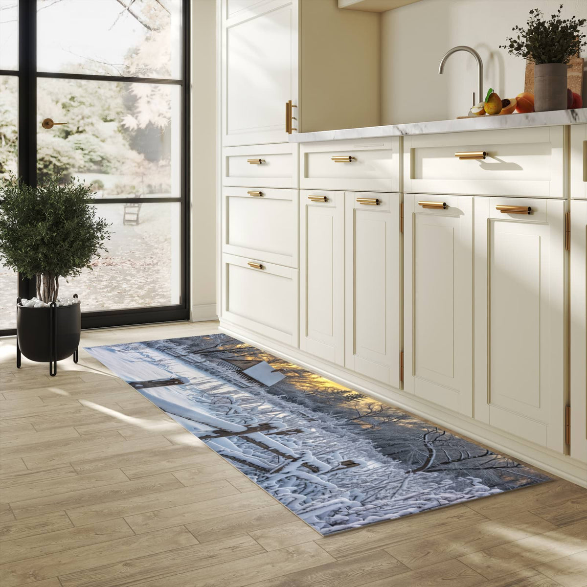 Waschbarer Bodenläufer Teppich mit Motiv Verschneites Landhaus in heller Küche