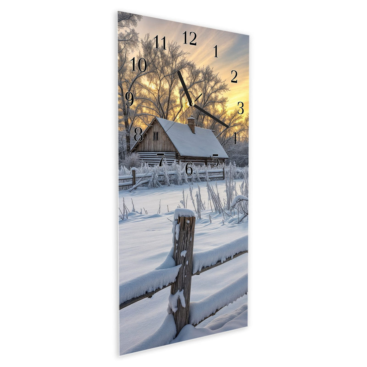 Vormontiert – mit Schwebeeffekt – Wanduhr Verschneites Landhaus aus Glas – Hochformat 30 × 60 cm