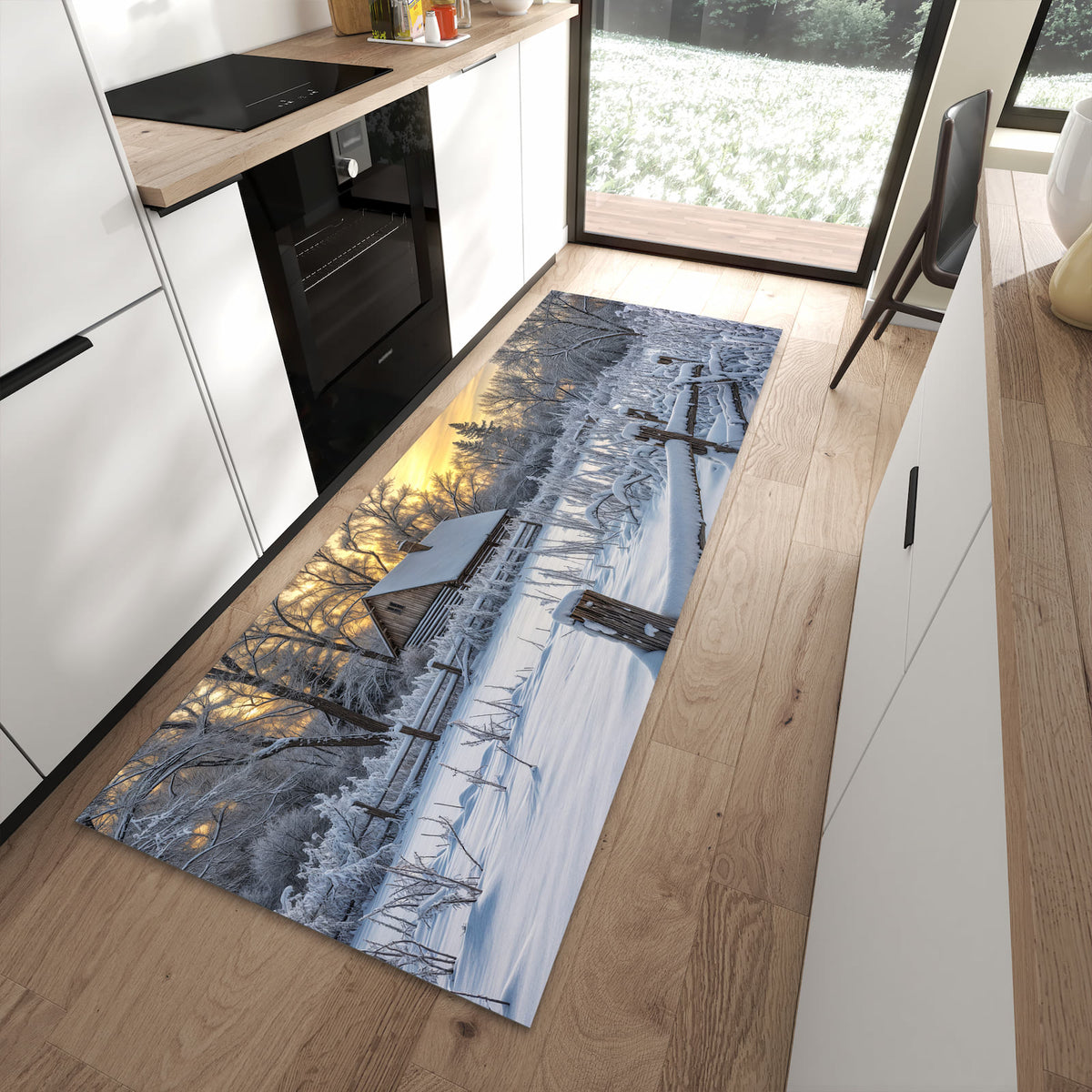 Wasserabweisender Küchenteppich mit Motiv Verschneites Landhaus in moderner Küche