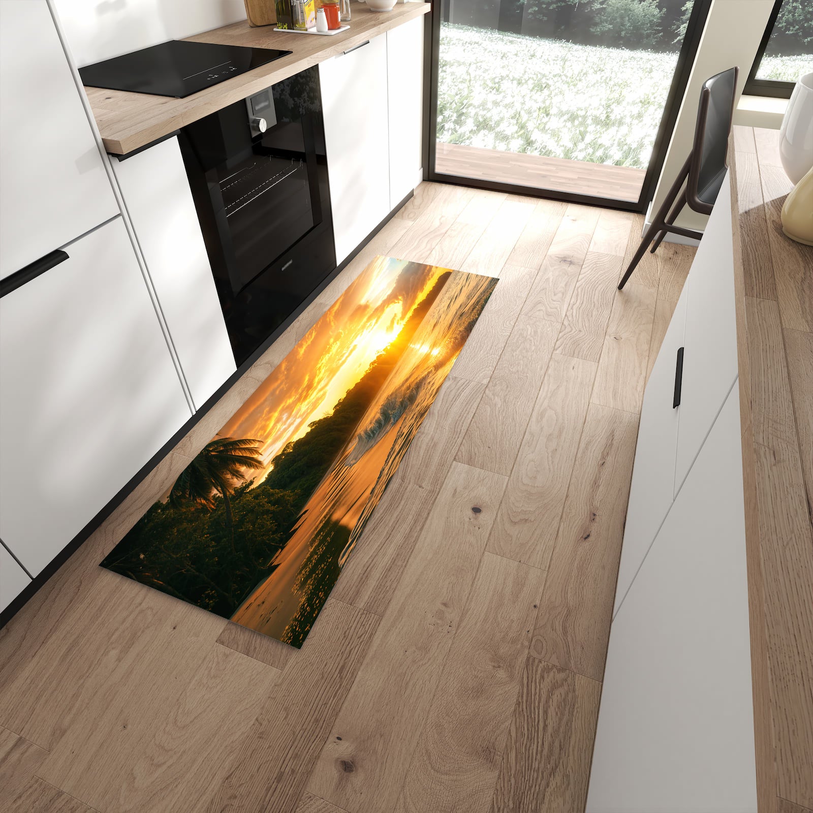 Flacher Küchenteppich mit Motiv Sonnenuntergang Strand in moderner Küche - waschbar