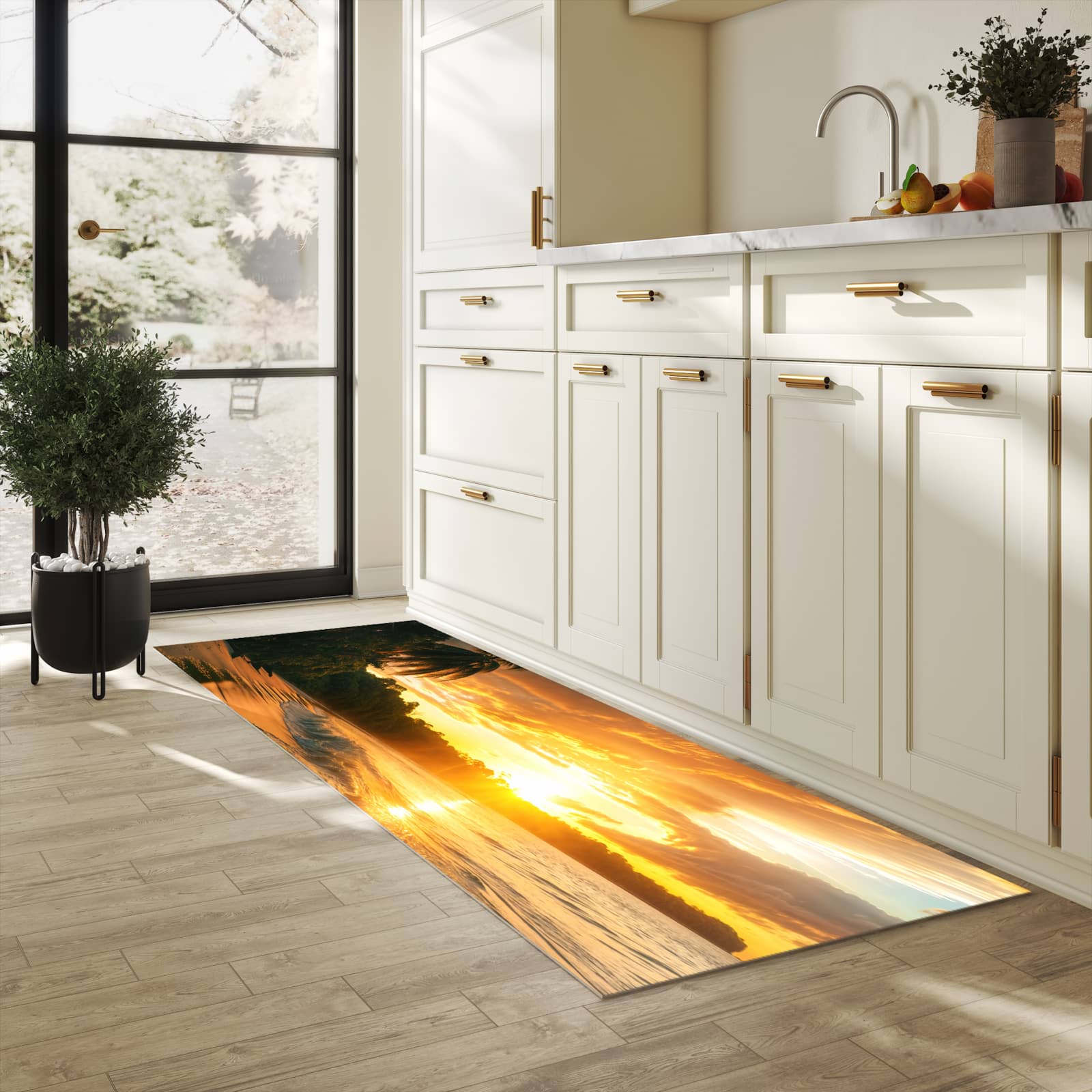 Wasserabweisender Teppichläufer mit Motiv Sonnenuntergang Strand in heller Küche