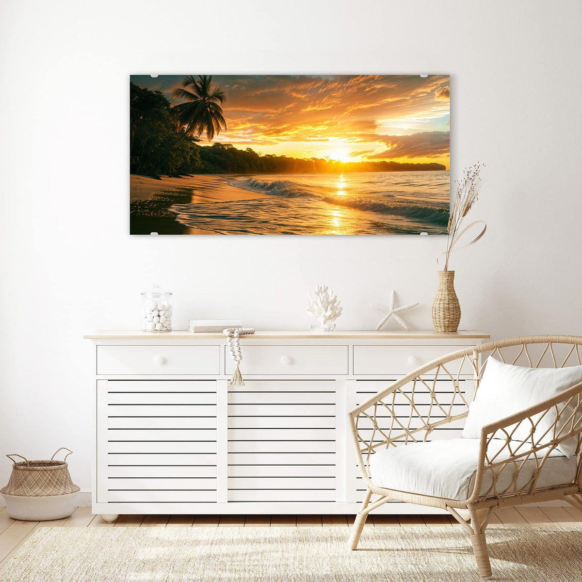 Echtglas, 4 mm – kein Acryl, keine Folie – Wandbild - Palme im Abendgold - Querformat