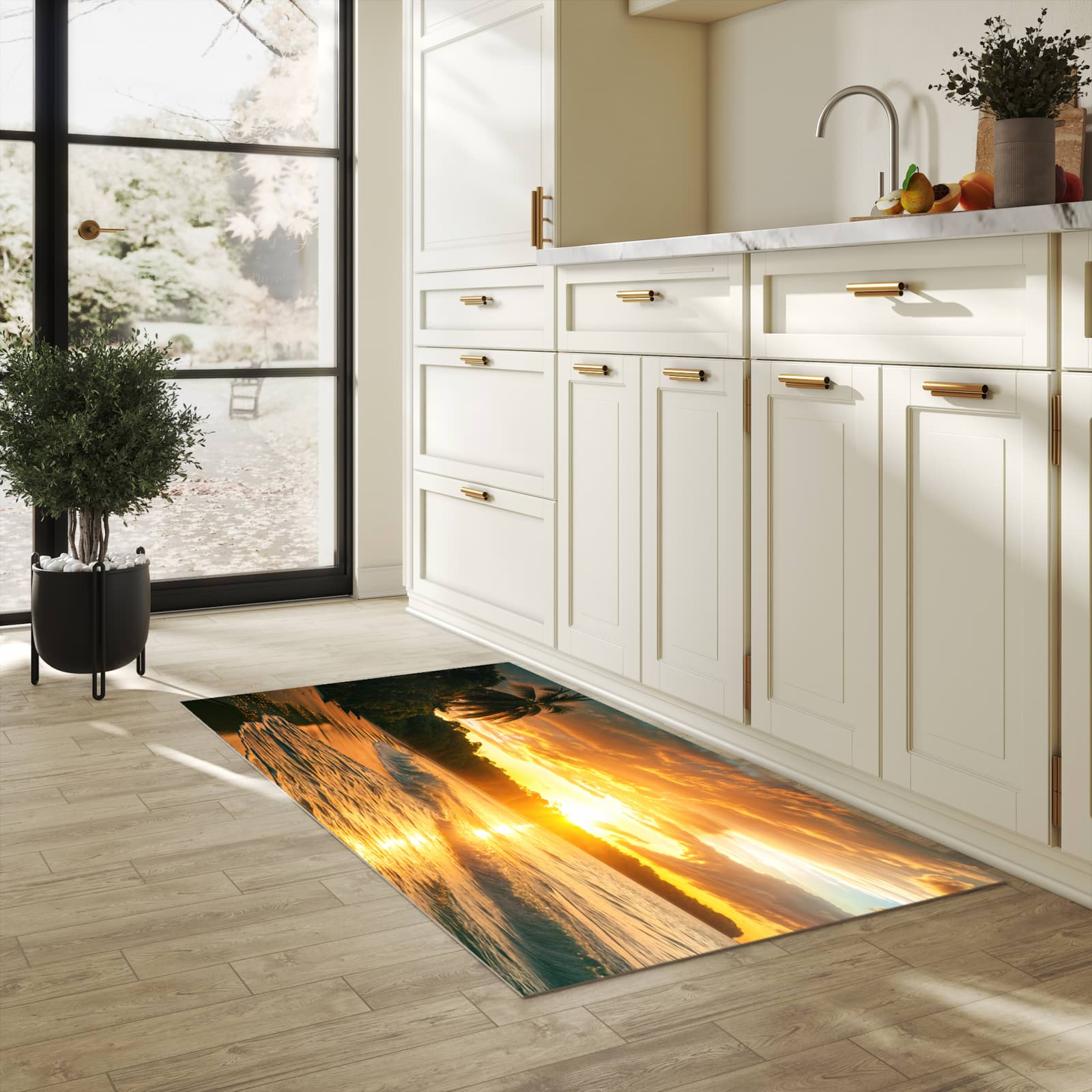 Geruchsneutraler langer Teppich mit Motiv Sonnenuntergang Strand in heller Küche