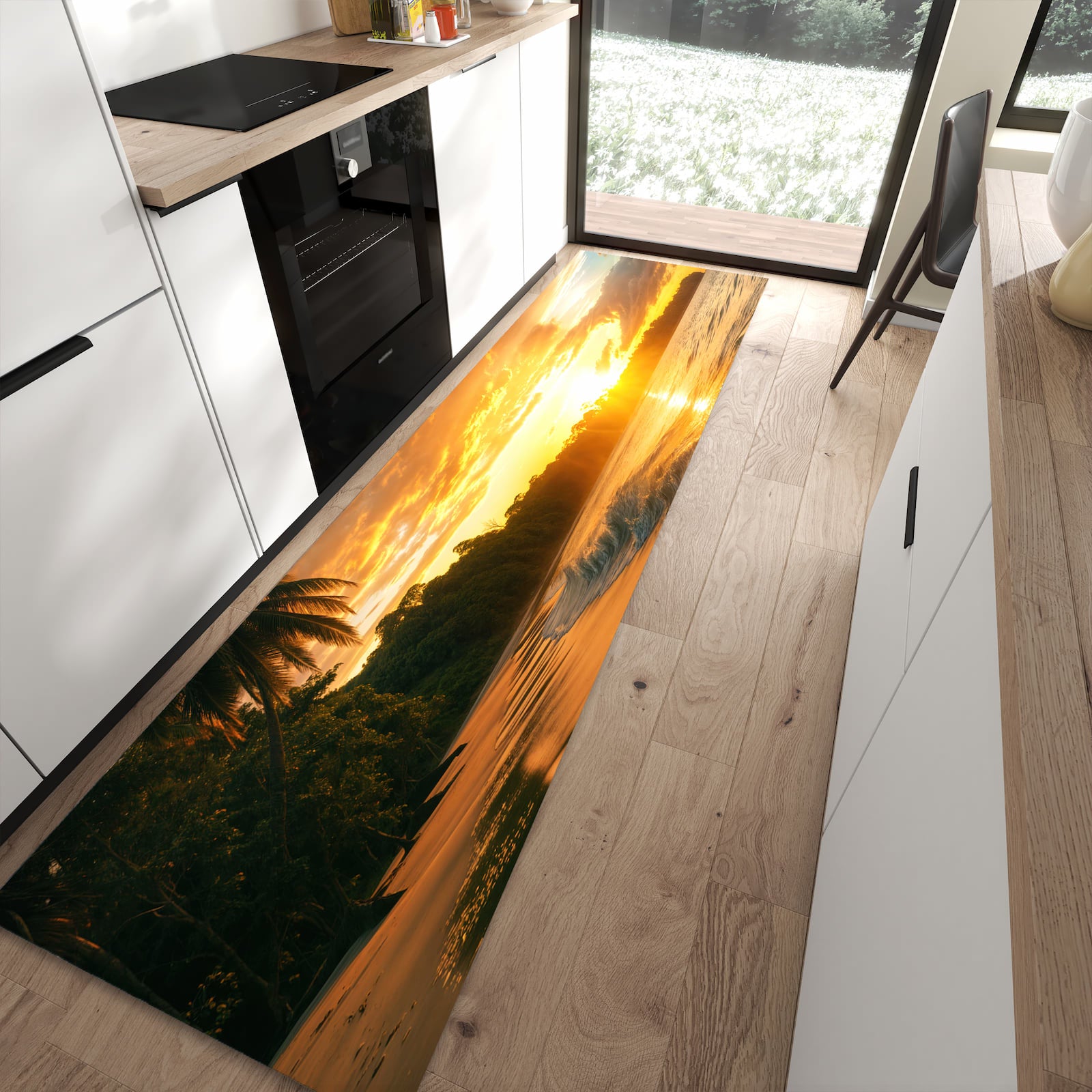 Waschbarer Küchenteppich mit Motiv Sonnenuntergang Strand in moderner Küche