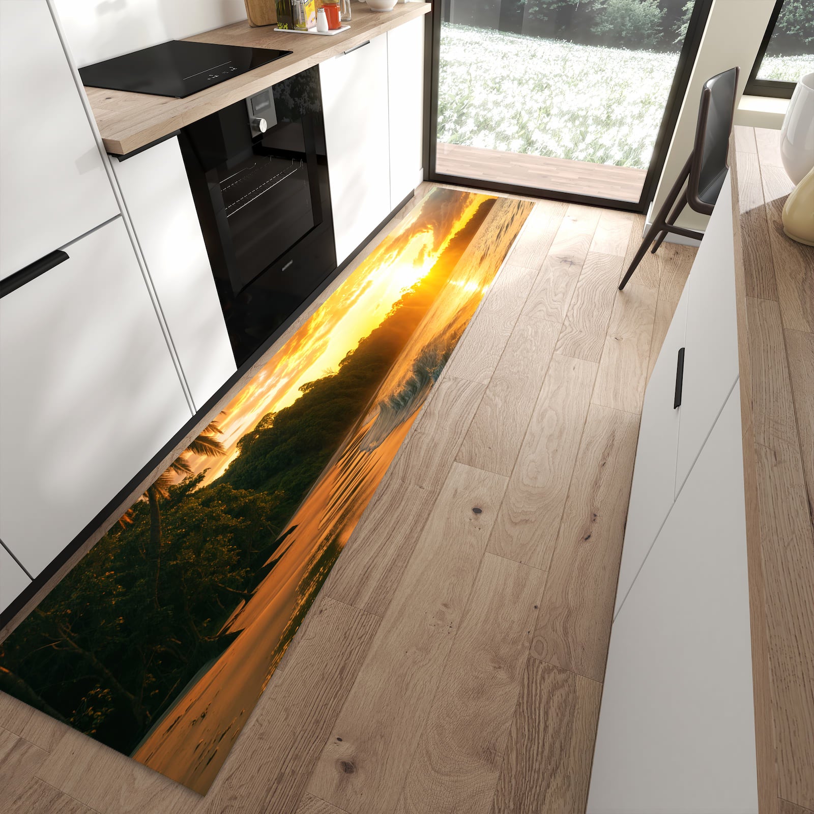 Rutschfester Küchenteppich mit Motiv Sonnenuntergang Strand in moderner Küche