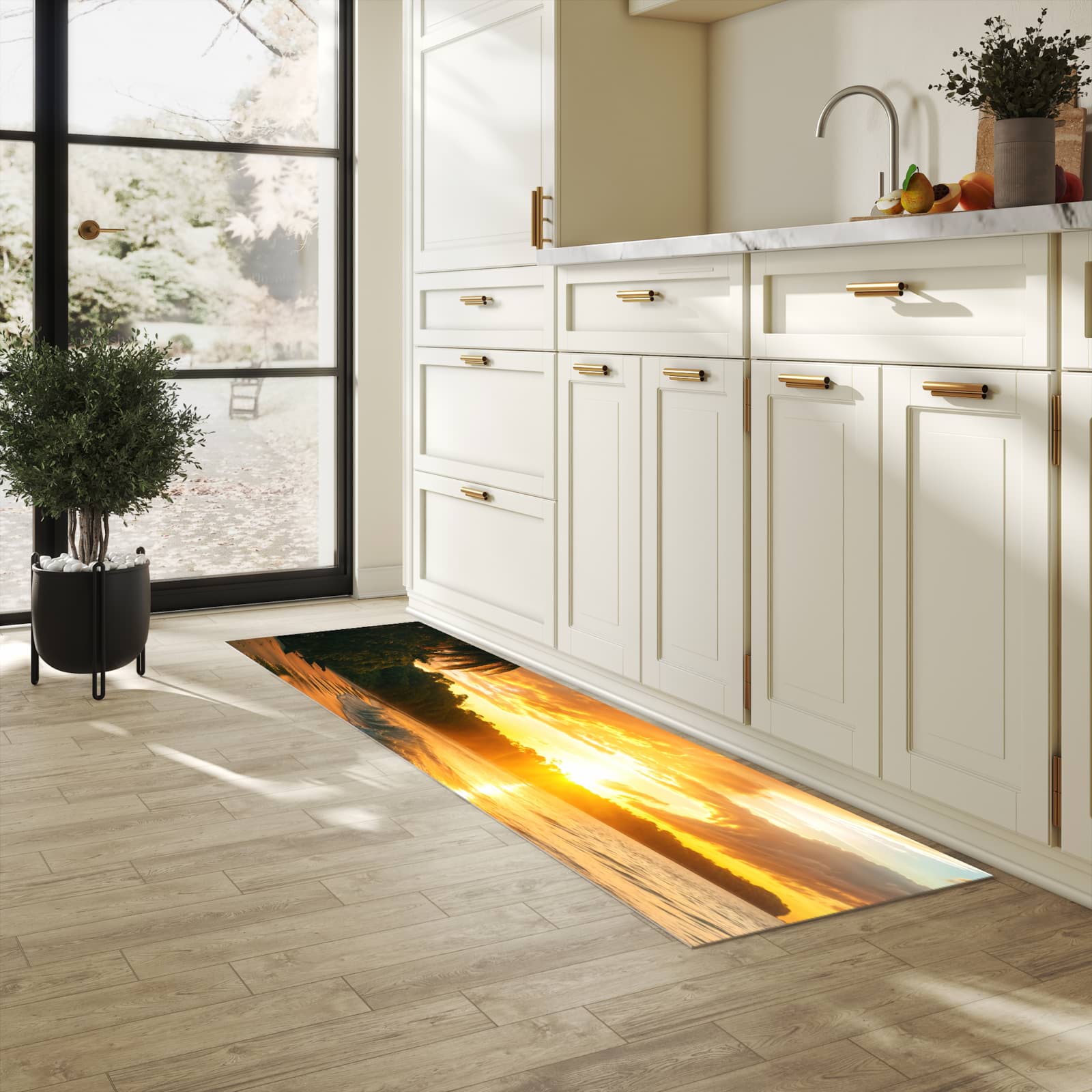 Zeitsparender Küchenteppich mit Motiv Sonnenuntergang Strand in heller Küche
