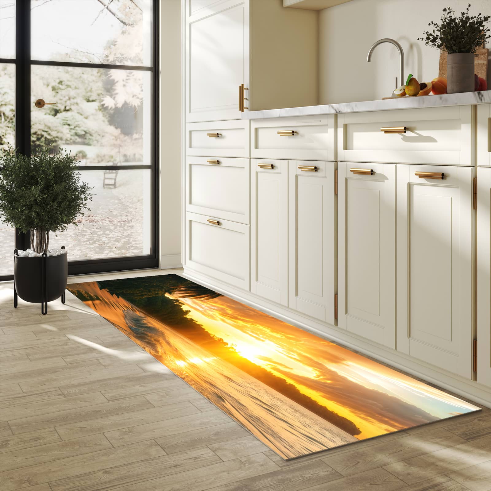 Fleckenresistenter waschbarer Läufer mit Motiv Sonnenuntergang Strand in heller Küche