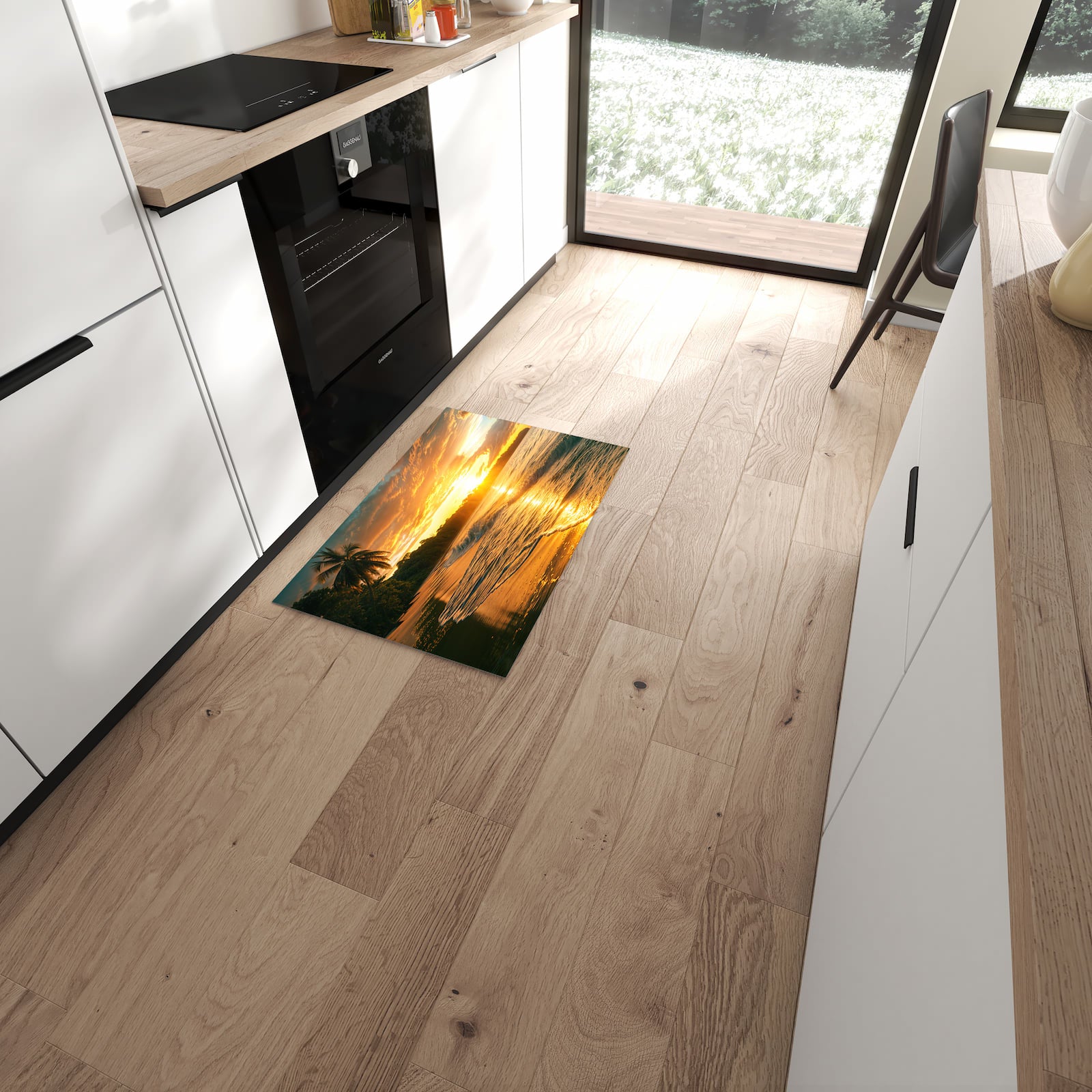 Leicht zu reinigender Küchenteppich mit Motiv Sonnenuntergang Strand in moderner Küche