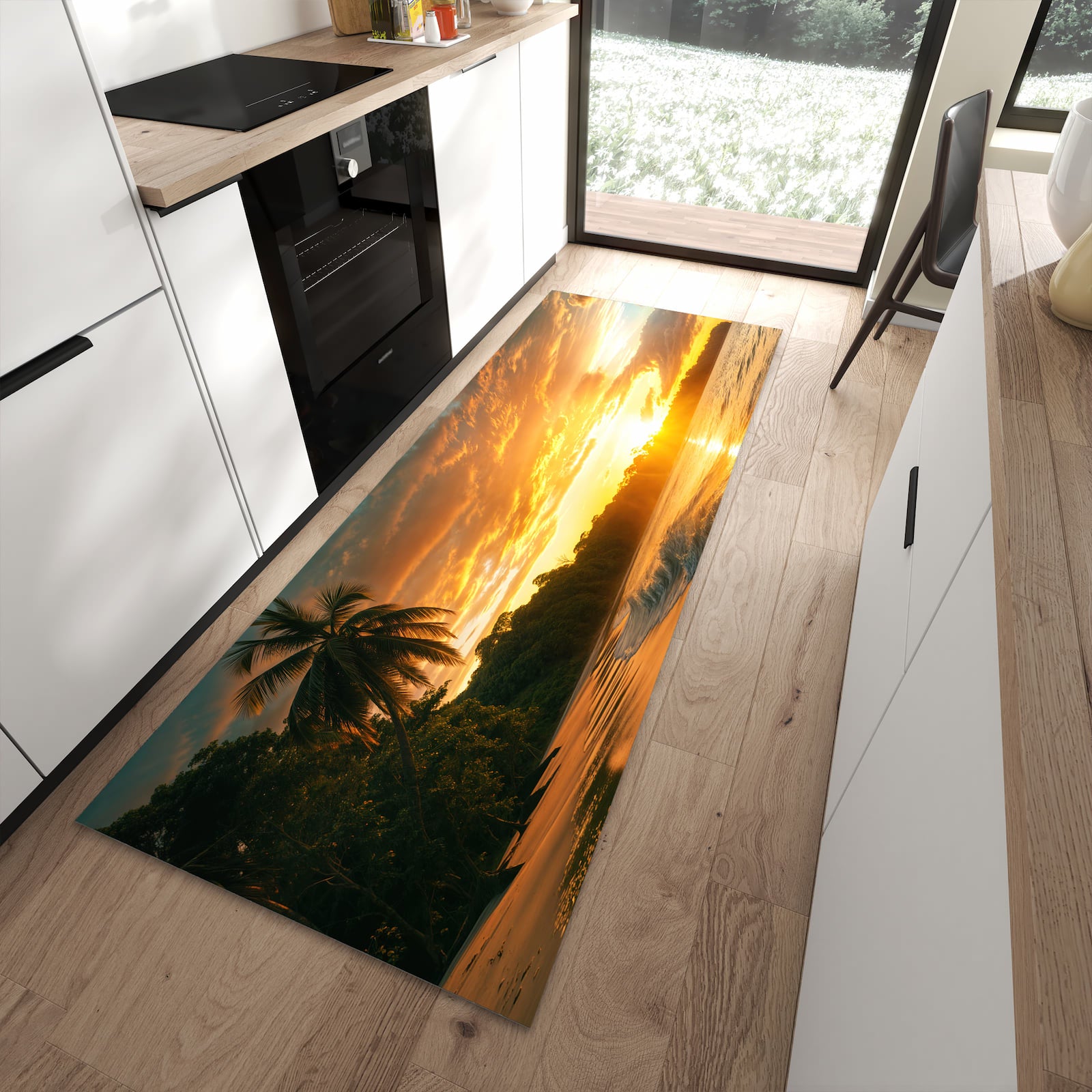 Rutschfester Küchenläufer mit Motiv Sonnenuntergang Strand in moderner Küche