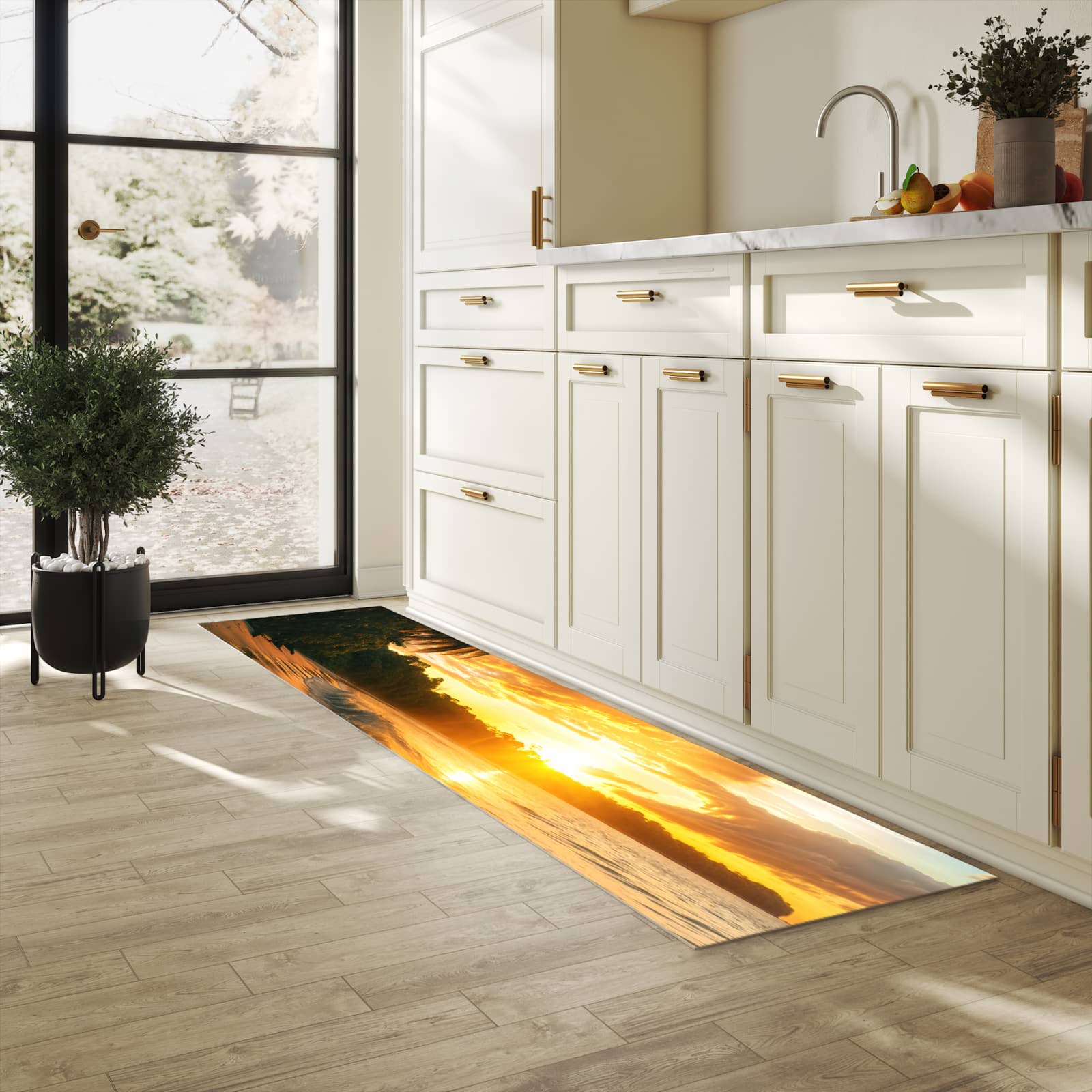 Geräuschdämpfender Küchenvorleger mit Motiv Sonnenuntergang Strand in heller Küche