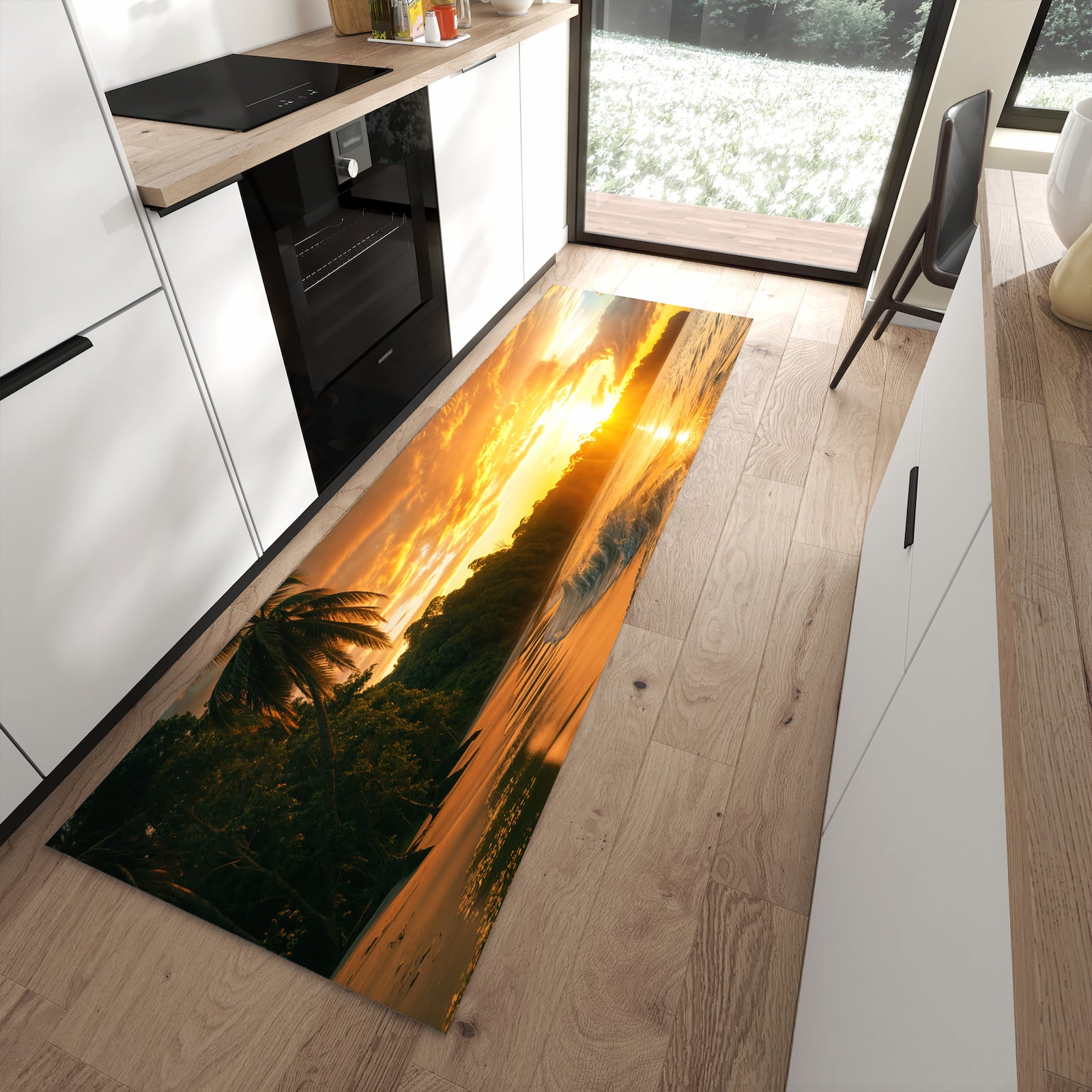 Hygienischer großer Küchenteppich mit Motiv Sonnenuntergang Strand in moderner Küche