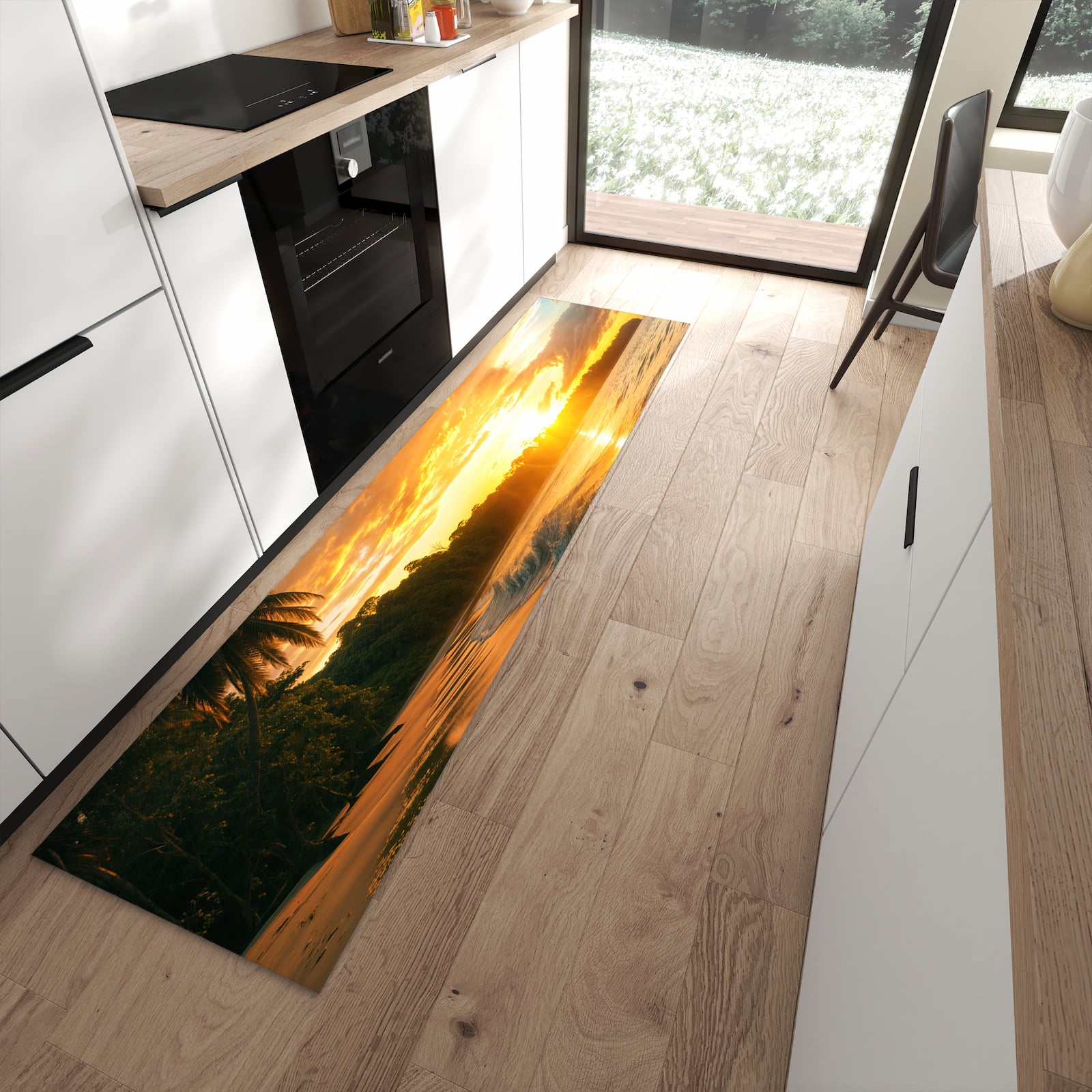 Pflegeleichter Küchenteppich mit Motiv Sonnenuntergang Strand in moderner Küche