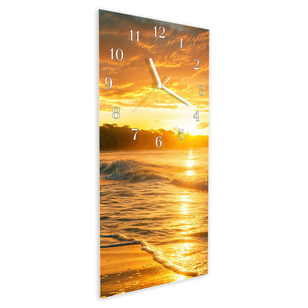 Vormontiert – mit Schwebeeffekt – Wanduhr Sonnenuntergang Strand aus Glas – Hochformat 30 × 60 cm