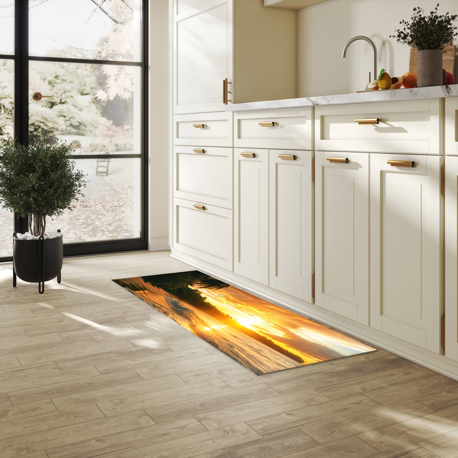 Küchenteppich mit Motiv Sonnenuntergang Strand in heller Küche für sicheres Aufbewahren