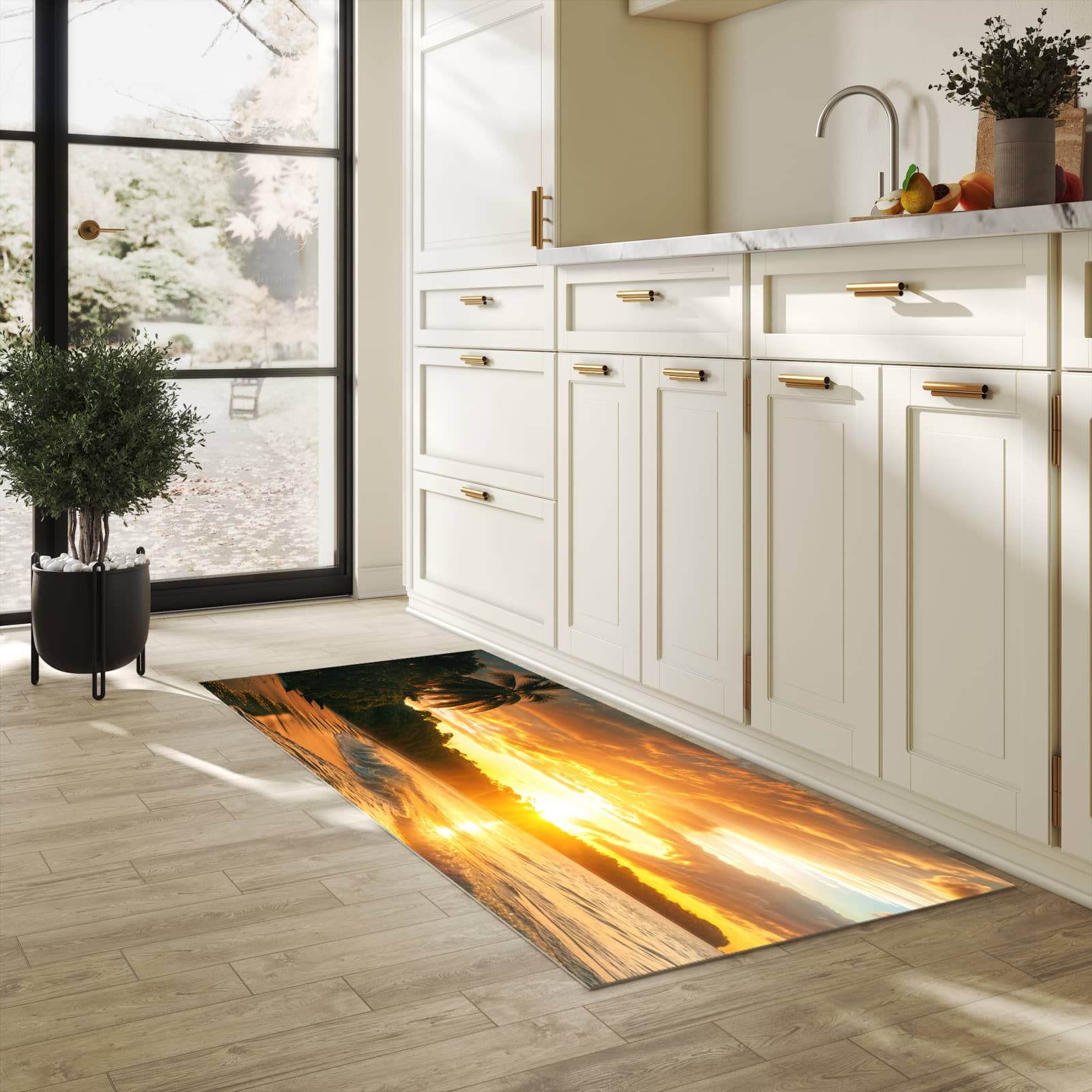 Komfortabler Küchenläufer mit Motiv Sonnenuntergang Strand in heller Küche für angenehmes Stehen