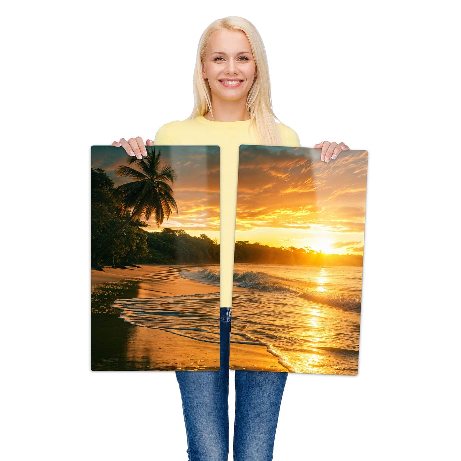 Herdabdeckplatten aus Glas mit Sonnenuntergang Strand-Motiv wird zur Größendarstellung gehalten