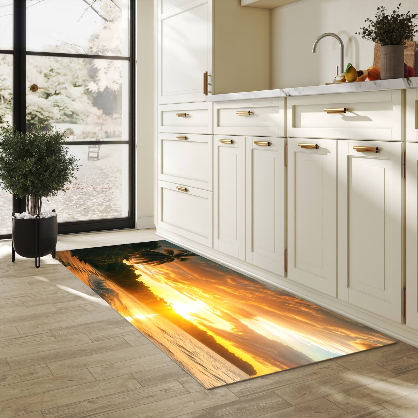 Langlebiger Läufer mit Motiv Sonnenuntergang Strand für Eingangsbereich in heller Küche