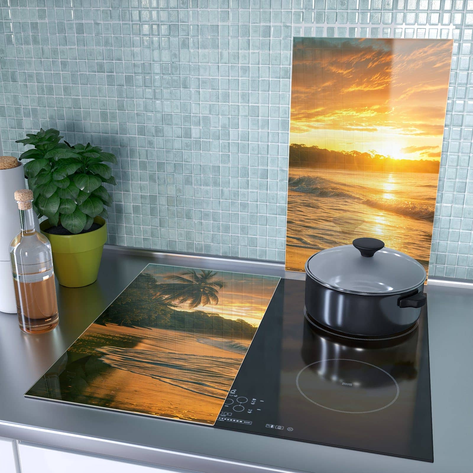 1-teilige Abdeckplatten für Ceranfeld mit Sonnenuntergang Strand-Motiv als Spritzschutz hinter dem Kochfeld