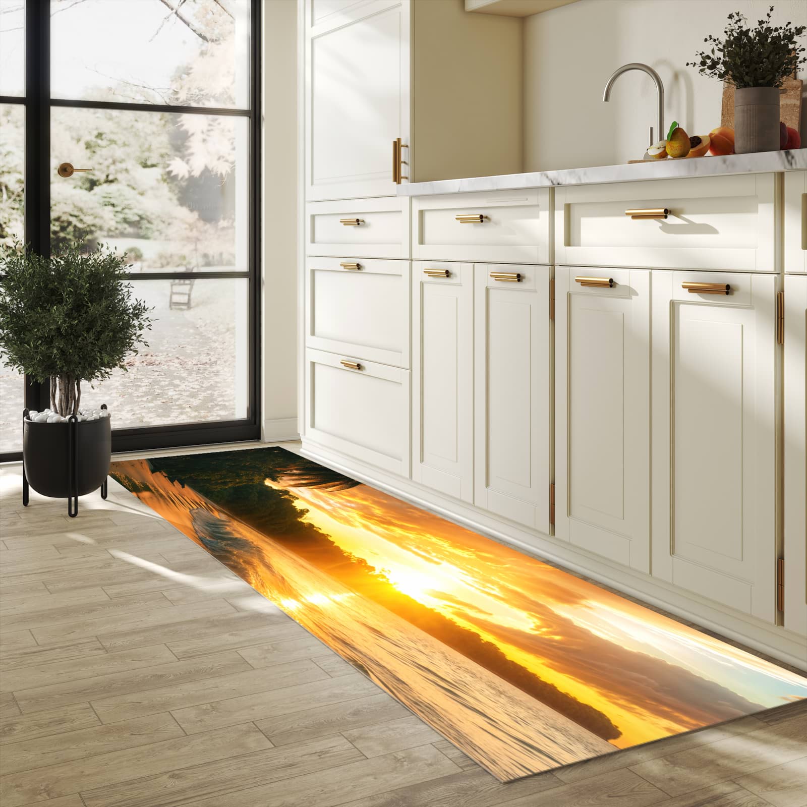 Schmutzabweisender waschbarer Küchenläufer mit Motiv Sonnenuntergang Strand in heller Küche
