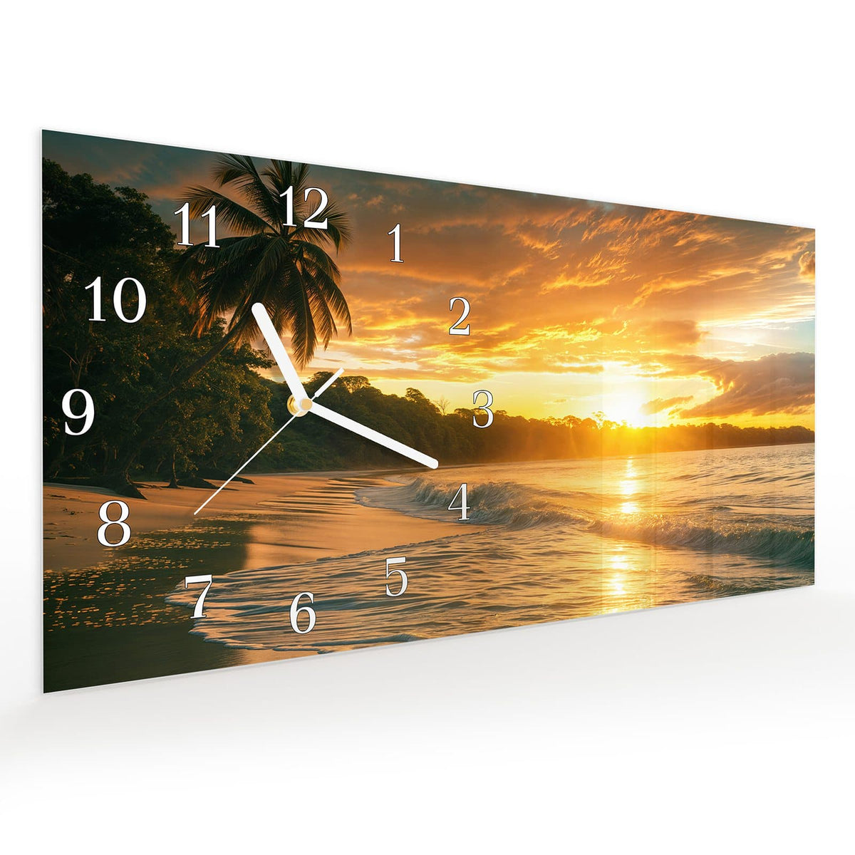 Vormontiert – mit Schwebeeffekt – Wanduhr Sonnenuntergang Strand aus Glas – Querformat 60 × 30 cm