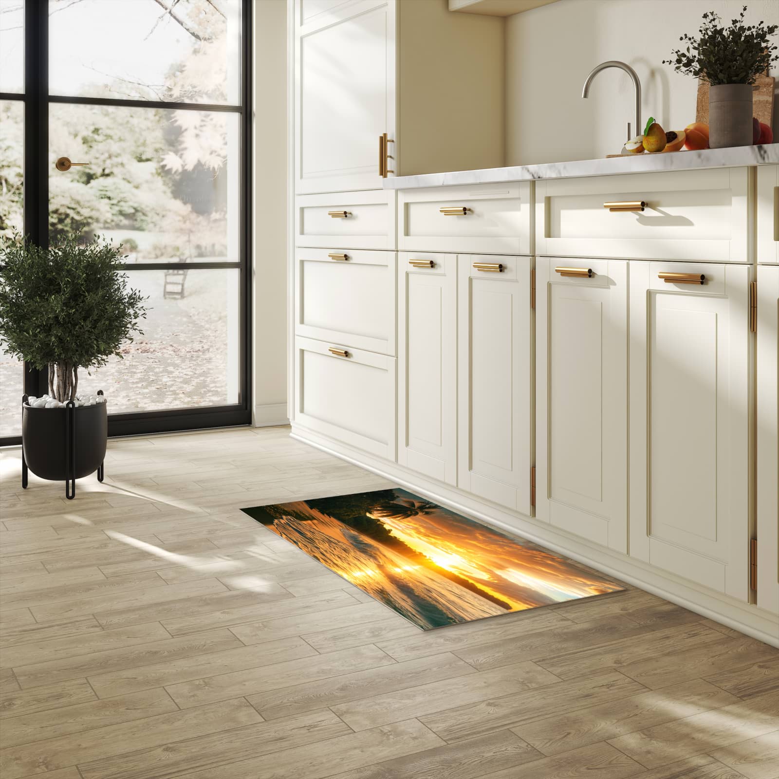 Farbbeständiger Läufer für die Küche mit Motiv Sonnenuntergang Strand in heller Küche