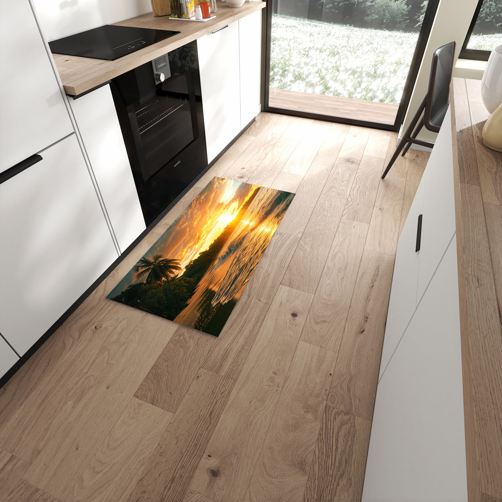 Geruchsneutraler Bodenläufer Teppich mit Motiv Sonnenuntergang Strand in moderner Küche #grösse_60 x 120 cm