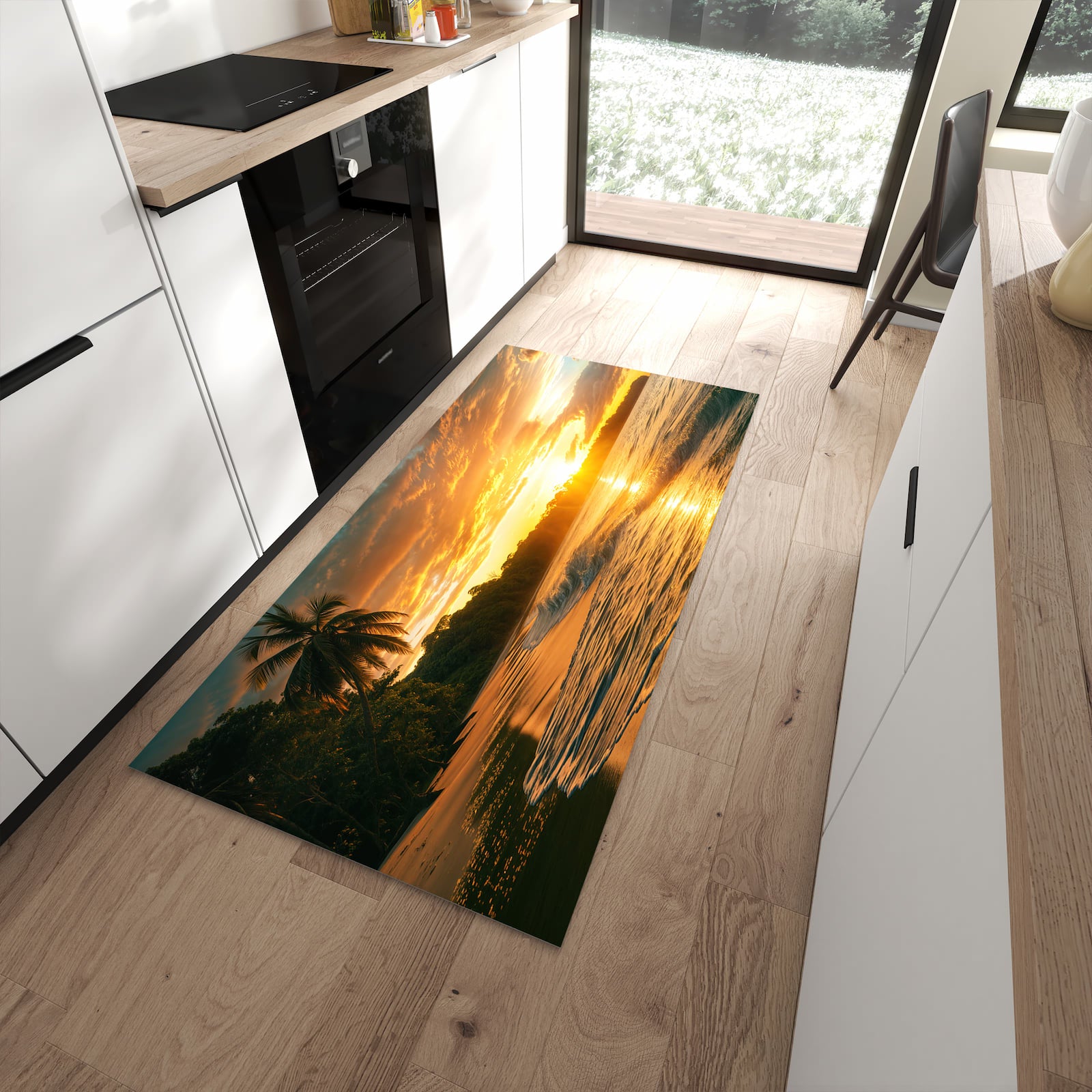 Langlebiger Küchenläufer mit Motiv Sonnenuntergang Strand in moderner Küche