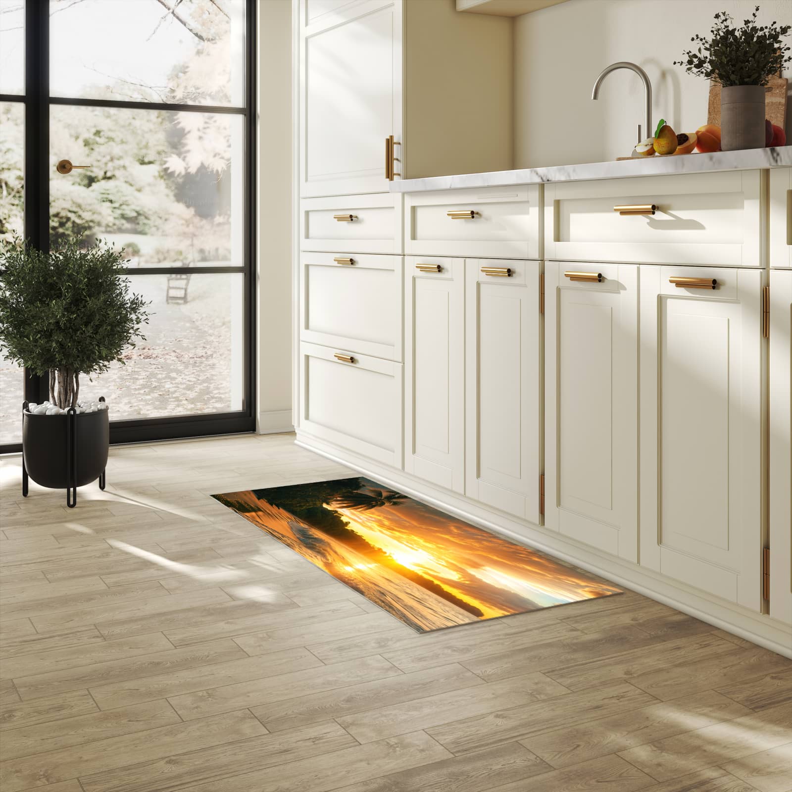 Formstabiler Küchenläufer mit Motiv Sonnenuntergang Strand in heller Küche