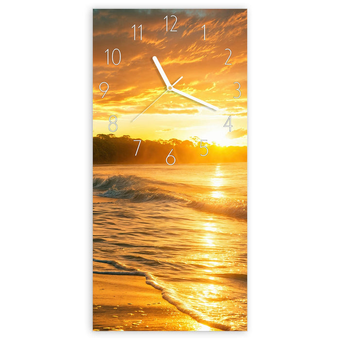 Wanduhr Sonnenuntergang Strand aus Glas – Hochformat 30 × 60 cm mit Ziffernblatt Elegant