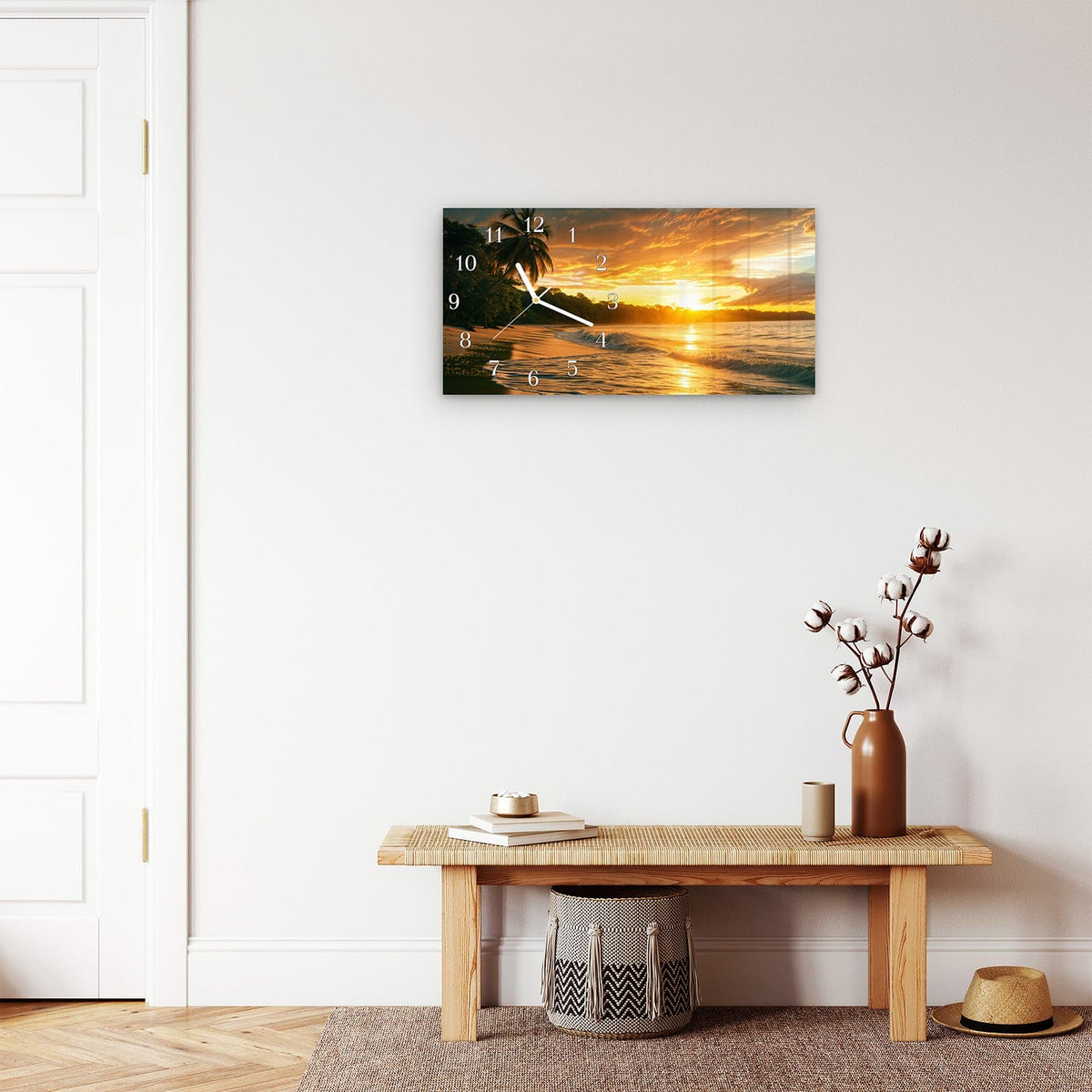 Moderne Wanduhr aus Glas mit Farbtiefe – Wanduhr Sonnenuntergang Strand aus Glas – Querformat 60 × 30 cm